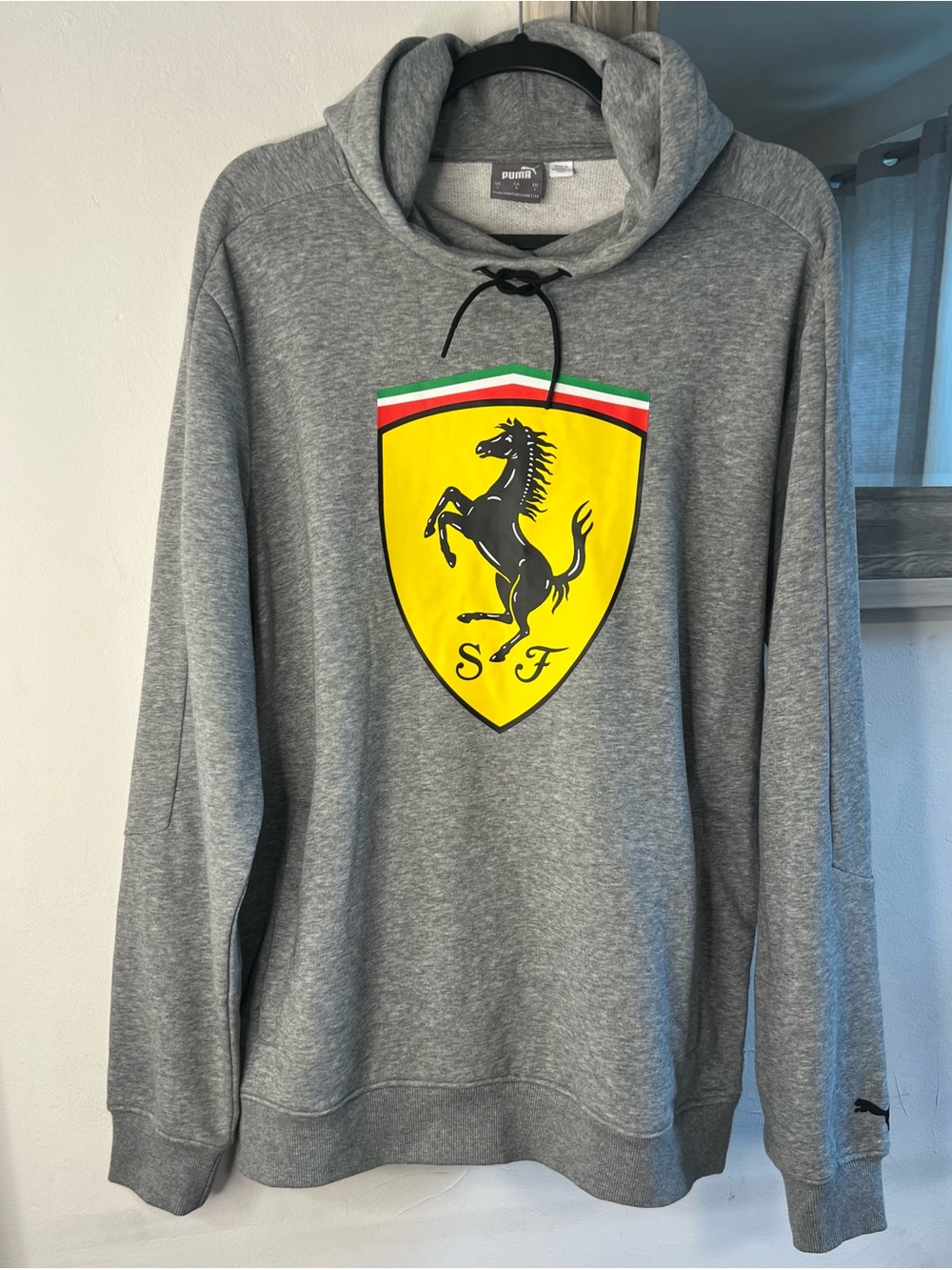 Puma Gray Hoodie with Yellow Ferrari Shield Graphic